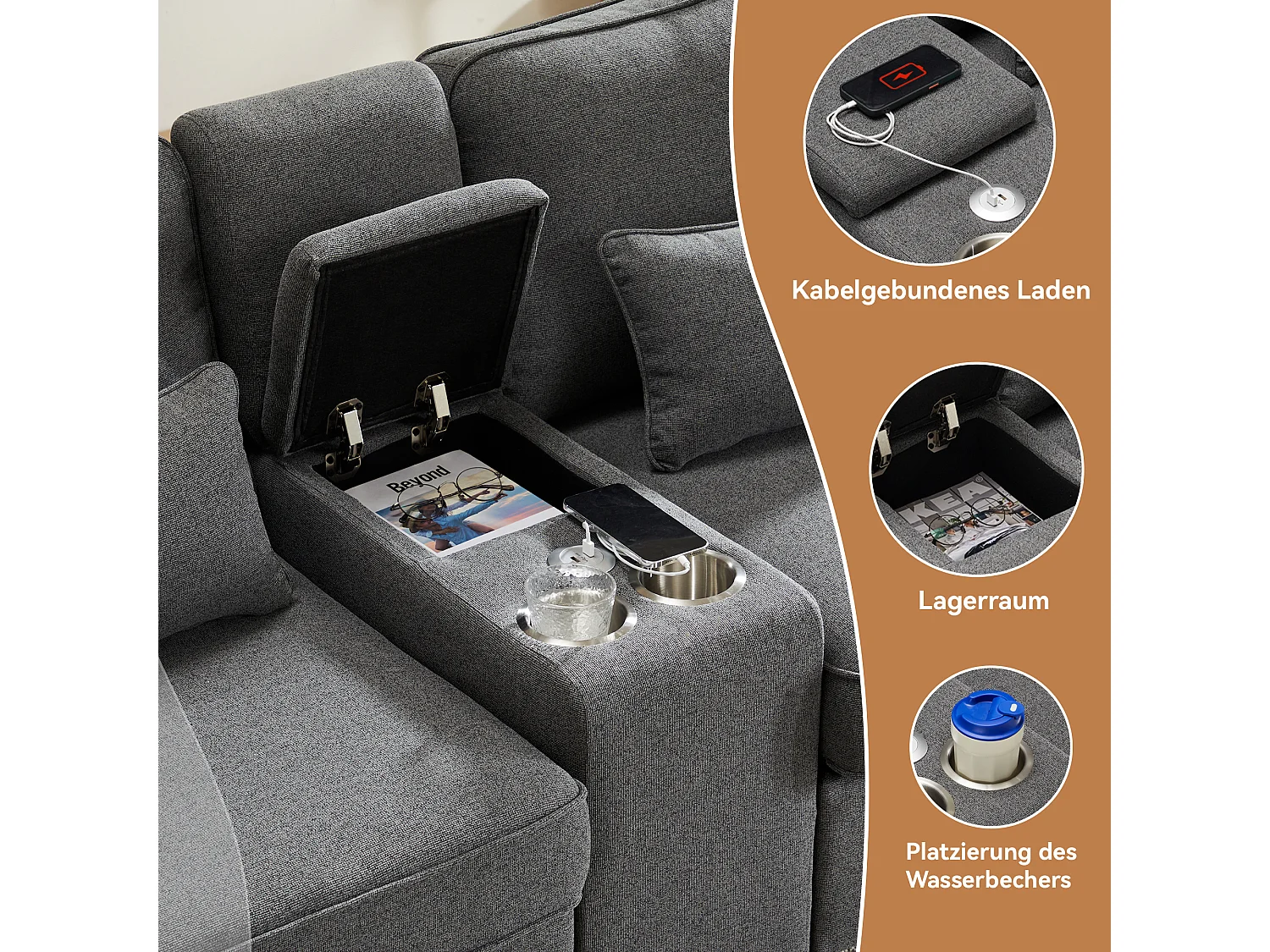 4-zitsbank, modern design, linnen, met console, 2 bekerhouders, 2 USB-aansluitingen, 4 kussens, grijs (290x83x88 cm)