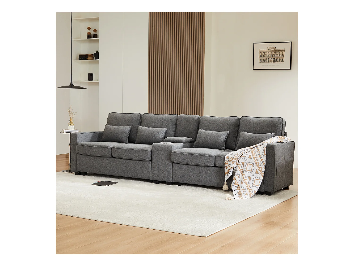 Canapé 4 places, design moderne, lin, avec console, 2 porte-gobelets, 2 ports USB, 4 coussins, gris (290x83x88 cm)