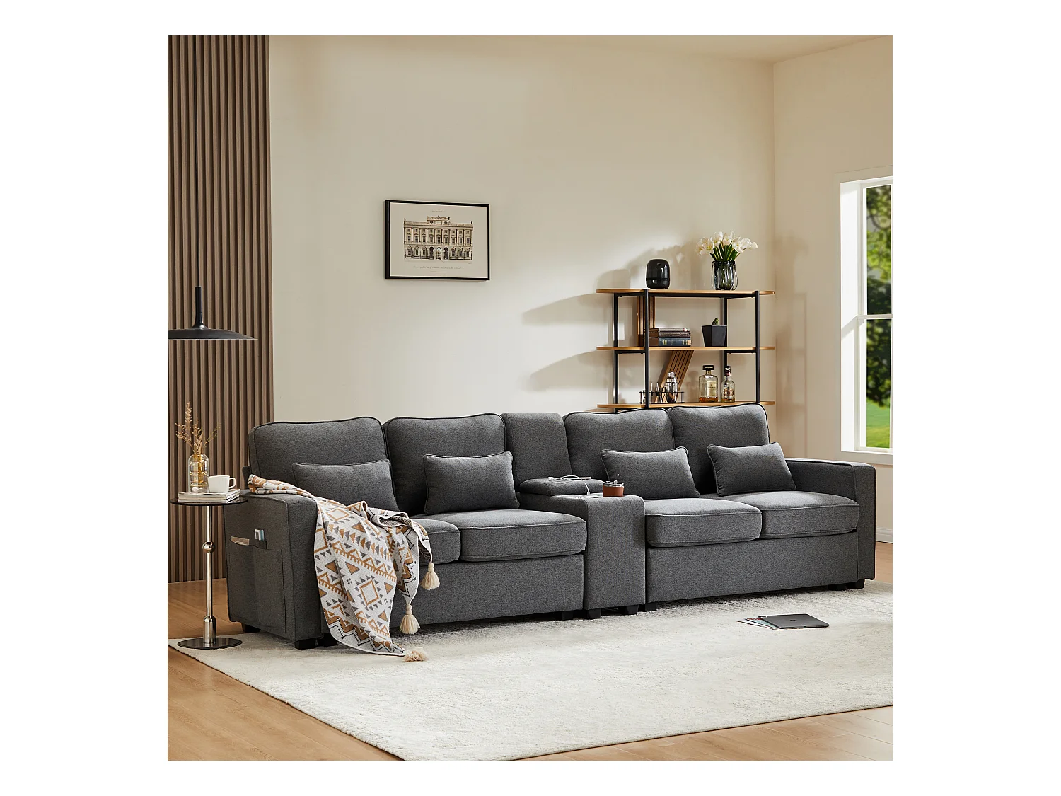 Canapé 4 places, design moderne, lin, avec console, 2 porte-gobelets, 2 ports USB, 4 coussins, gris (290x83x88 cm)