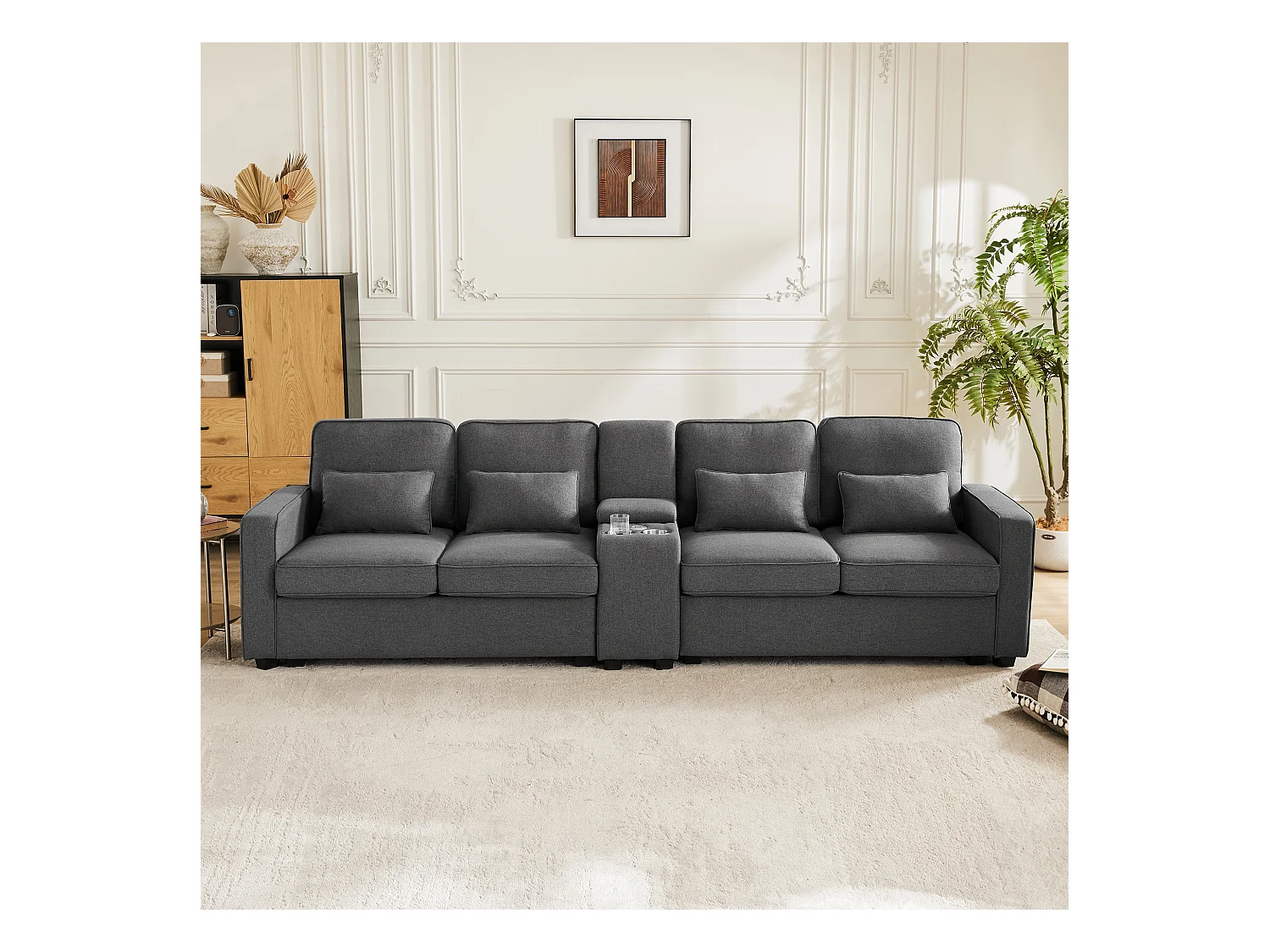 Canapé 4 places, design moderne, lin, avec console, 2 porte-gobelets, 2 ports USB, 4 coussins, gris (290x83x88 cm)