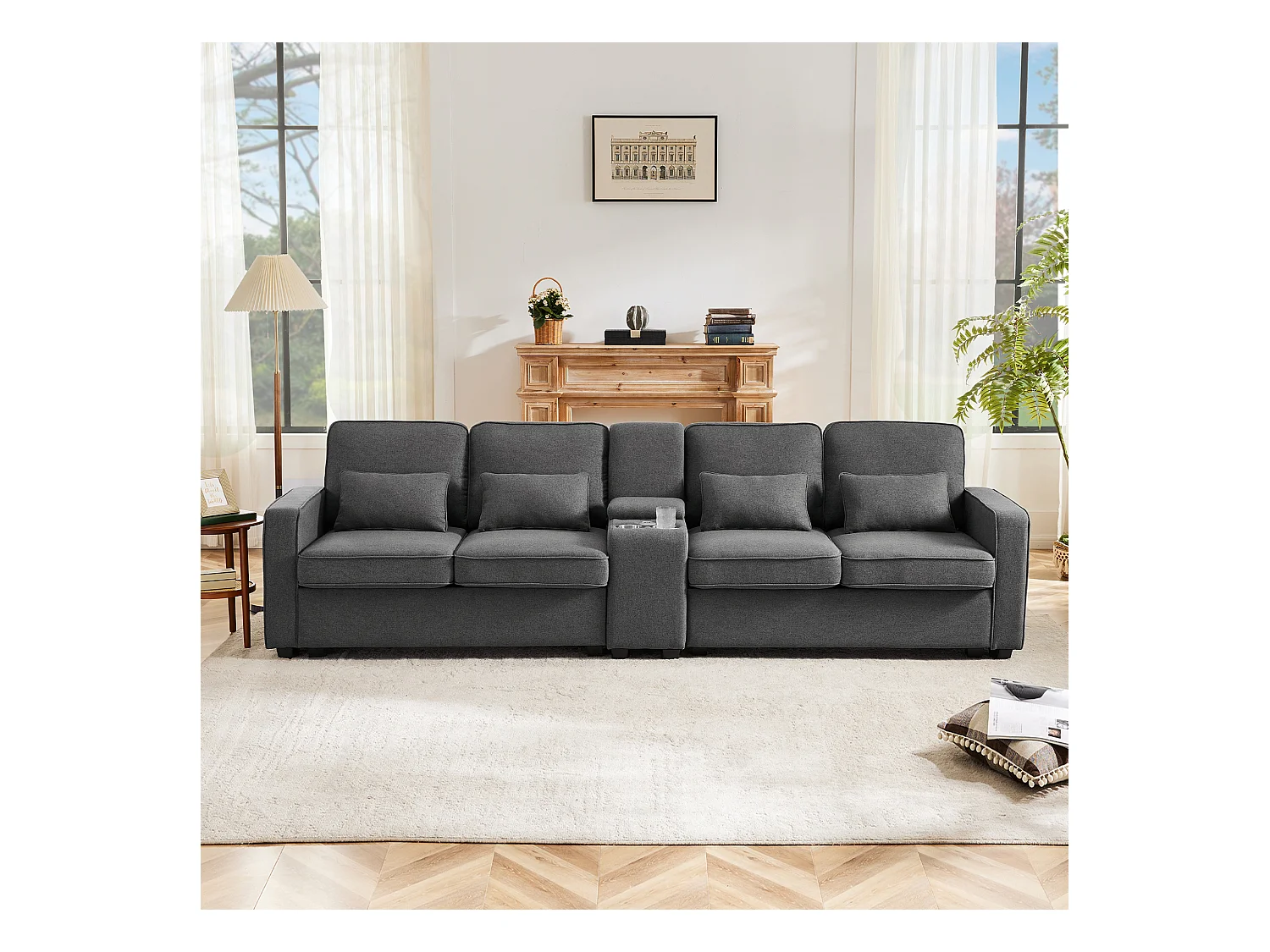 Canapé 4 places, design moderne, lin, avec console, 2 porte-gobelets, 2 ports USB, 4 coussins, gris (290x83x88 cm)