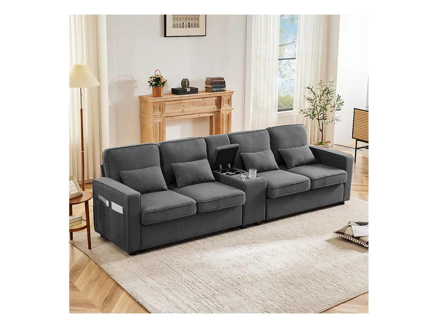Canapé 4 places, design moderne, lin, avec console, 2 porte-gobelets, 2 ports USB, 4 coussins, gris (290x83x88 cm)