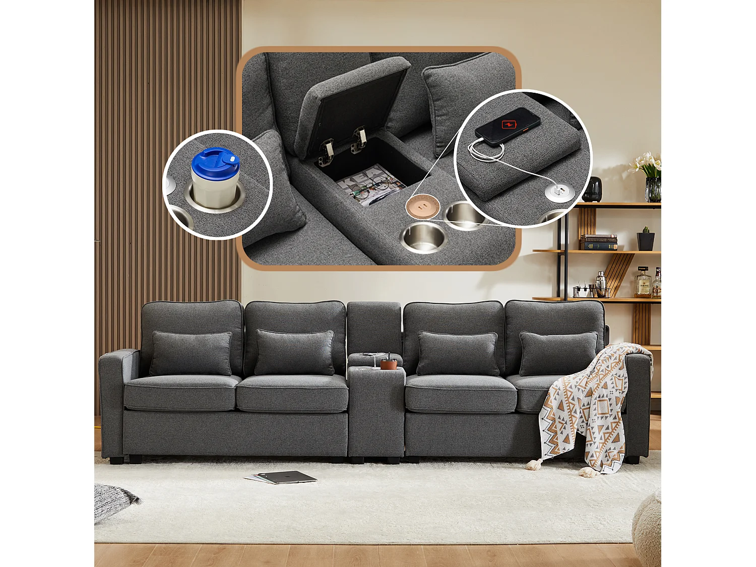 Canapé 4 places, design moderne, lin, avec console, 2 porte-gobelets, 2 ports USB, 4 coussins, gris (290x83x88 cm)