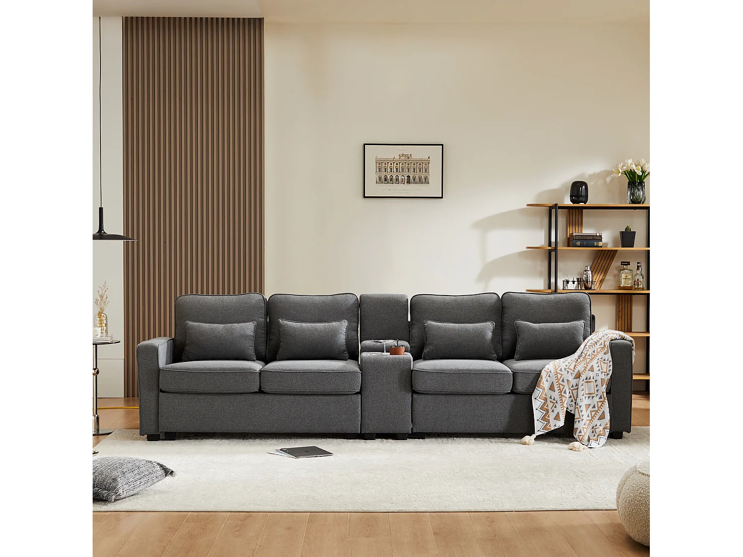Canapé 4 places, design moderne, lin, avec console, 2 porte-gobelets, 2 ports USB, 4 coussins, gris (290x83x88 cm)
