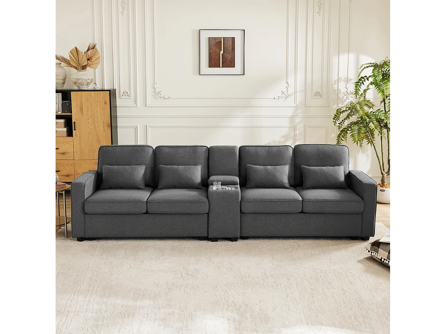 Canapé 4 places, design moderne, lin, avec console, 2 porte-gobelets, 2 ports USB, 4 coussins, gris (290x83x88 cm)