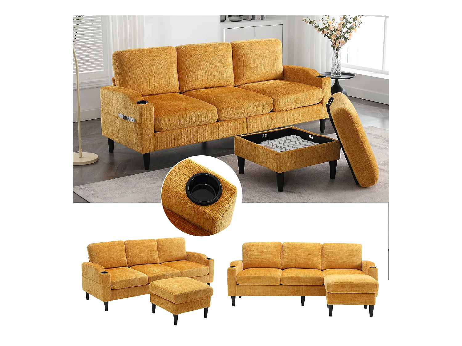 Canapé 4 places avec Pouf et Rangement, Chenille, Jaune, Accoudoirs confortables, Porte-gobelets (196.5x75x77 cm)