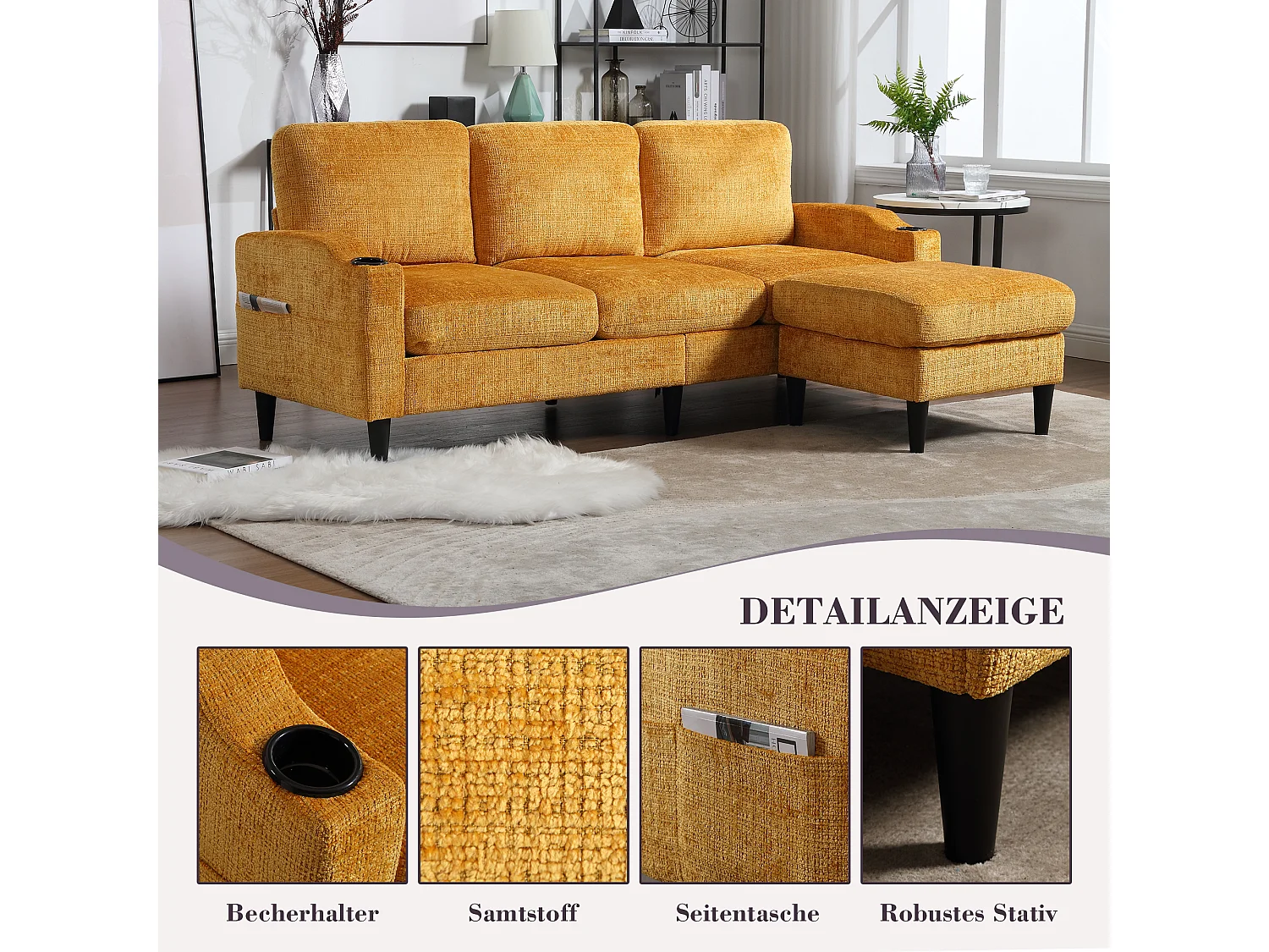 Canapé 4 places avec Pouf et Rangement, Chenille, Jaune, Accoudoirs confortables, Porte-gobelets (196.5x75x77 cm)
