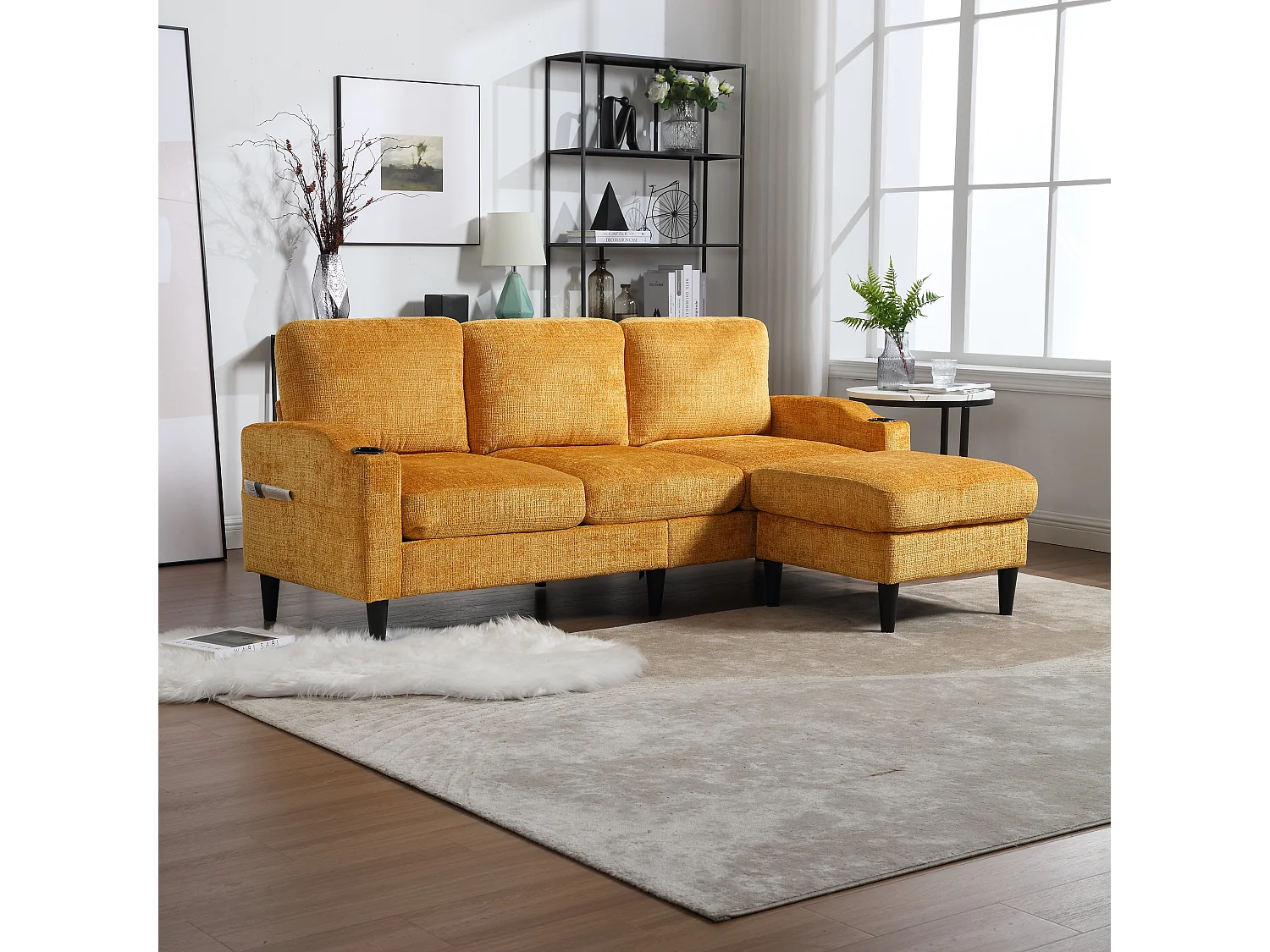 Canapé 4 places avec Pouf et Rangement, Chenille, Jaune, Accoudoirs confortables, Porte-gobelets (196.5x75x77 cm)