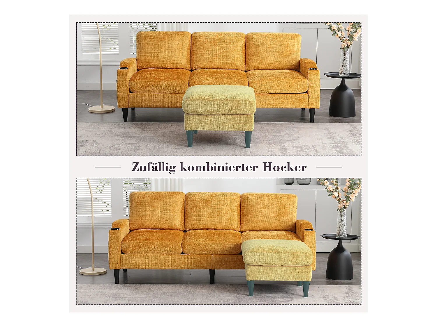 Canapé 4 places avec Pouf et Rangement, Chenille, Jaune, Accoudoirs confortables, Porte-gobelets (196.5x75x77 cm)
