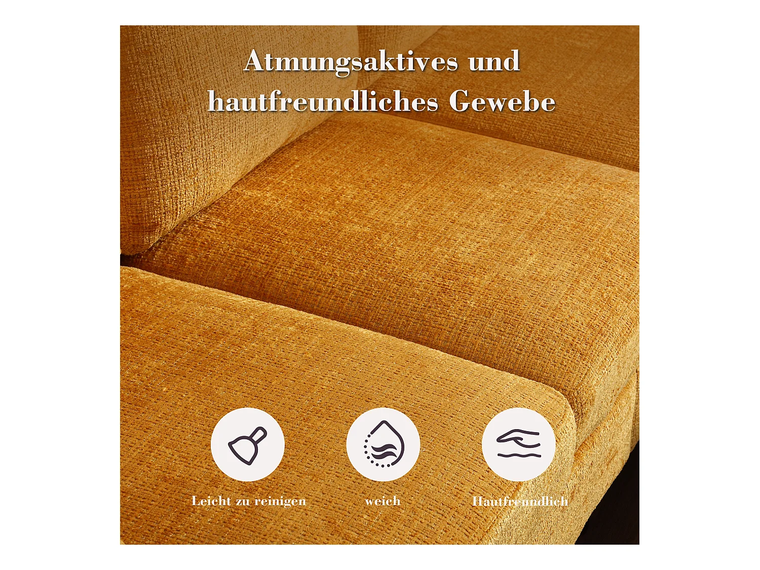 Canapé 4 places avec Pouf et Rangement, Chenille, Jaune, Accoudoirs confortables, Porte-gobelets (196.5x75x77 cm)