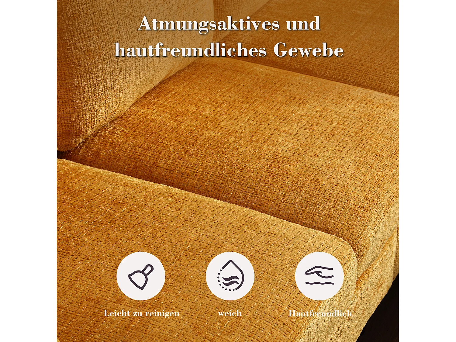 Canapé 4 places avec Pouf et Rangement, Chenille, Jaune, Accoudoirs confortables, Porte-gobelets (196.5x75x77 cm)