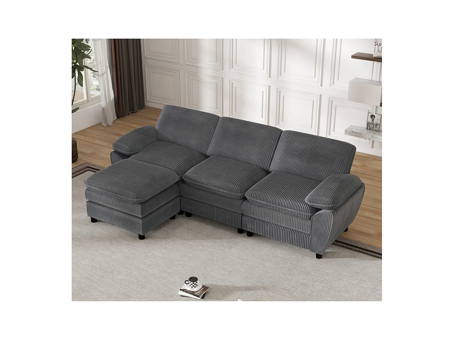 Canapé modulable avec coussins doubles, velours, Pouf amovible, gris (258x86.1x87.8 cm)