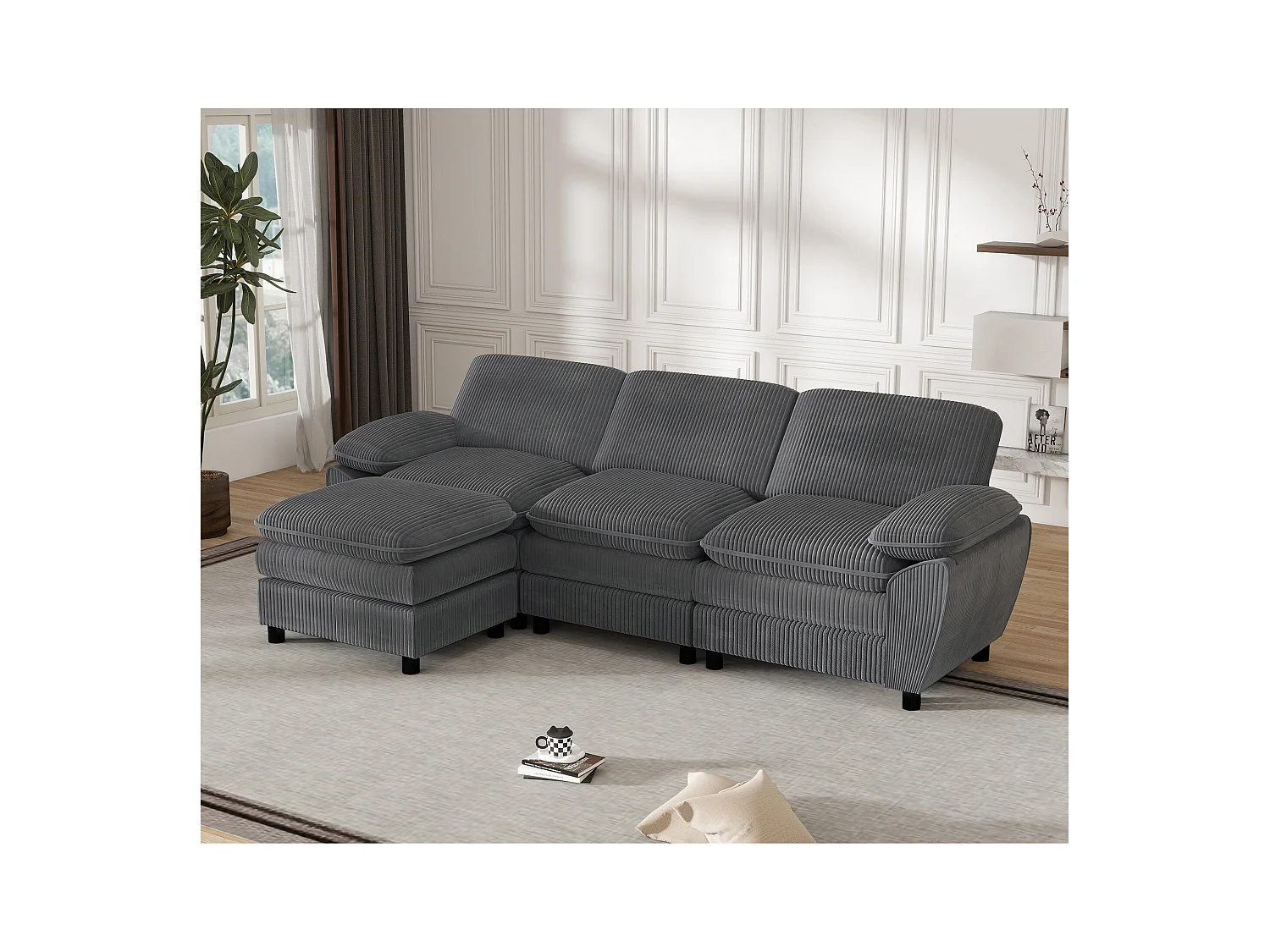 Canapé modulable avec coussins doubles, velours, Pouf amovible, gris (258x86.1x87.8 cm)