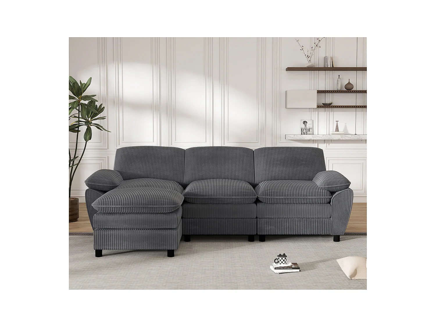 Canapé modulable avec coussins doubles, velours, Pouf amovible, gris (258x86.1x87.8 cm)