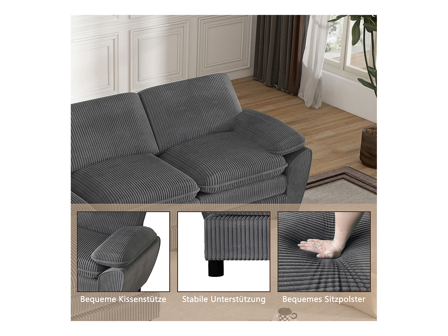 Canapé modulable avec coussins doubles, velours, Pouf amovible, gris (258x86.1x87.8 cm)