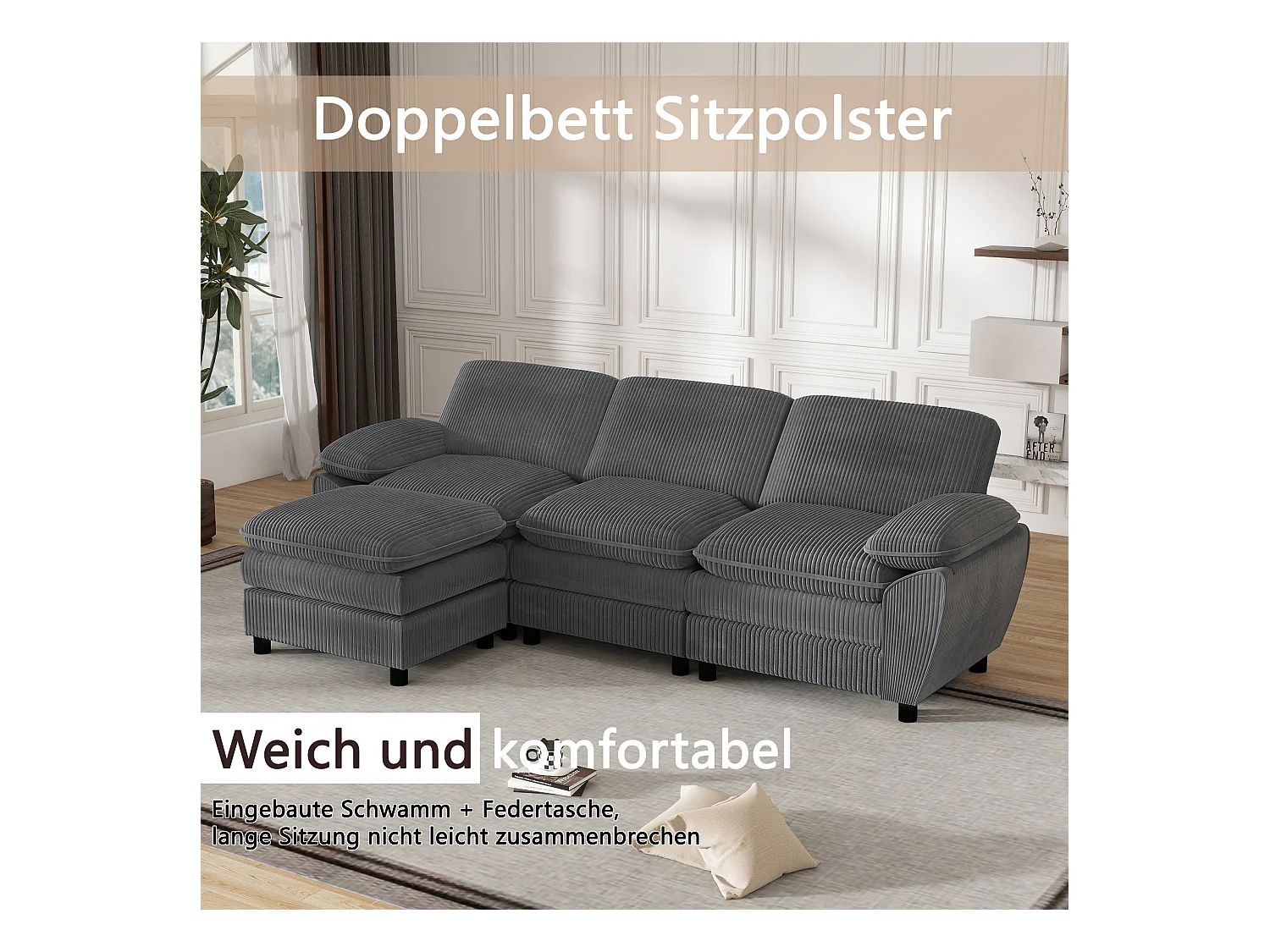 Canapé modulable avec coussins doubles, velours, Pouf amovible, gris (258x86.1x87.8 cm)