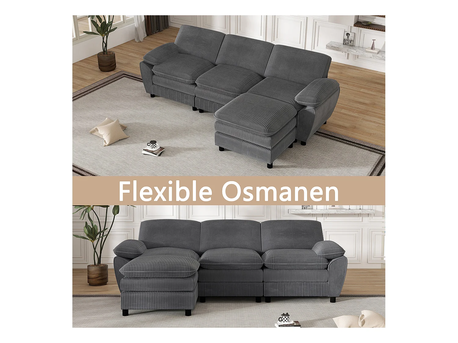 Canapé modulable avec coussins doubles, velours, Pouf amovible, gris (258x86.1x87.8 cm)
