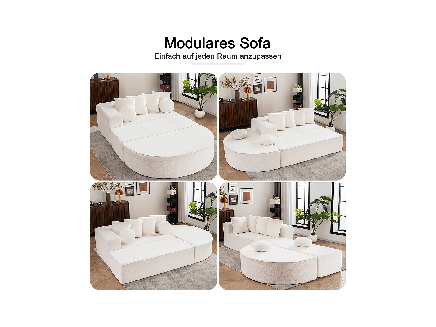 Modulaire bank, moderne chenille stoffen bank, modulair ontwerp, wit (263x171x66 cm)