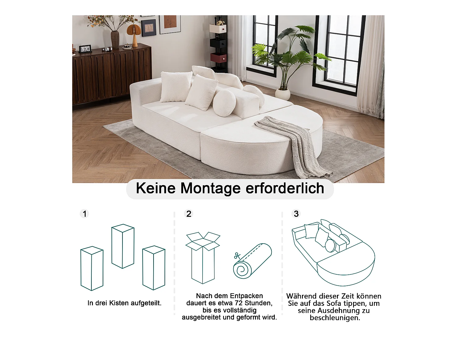 Modulaire bank, moderne chenille stoffen bank, modulair ontwerp, wit (263x171x66 cm)