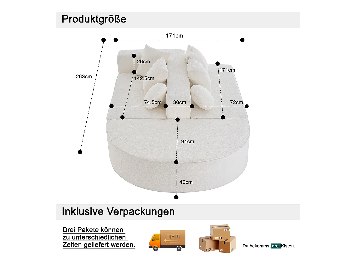 Modulaire bank, moderne chenille stoffen bank, modulair ontwerp, wit (263x171x66 cm)