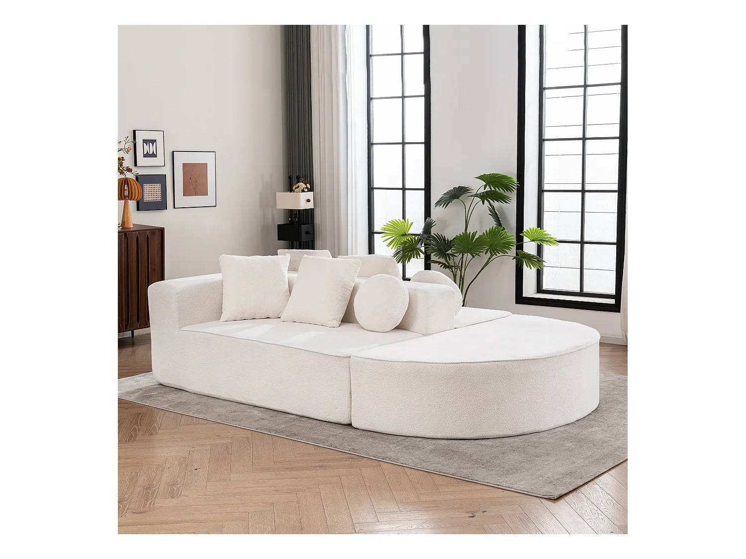 Modulaire bank, moderne chenille stoffen bank, modulair ontwerp, wit (263x171x66 cm)