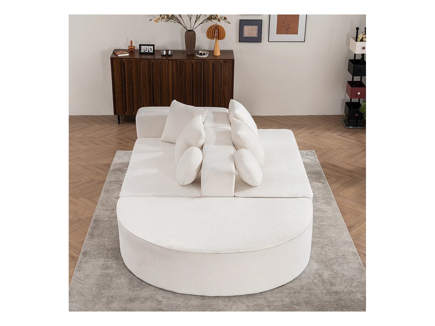 Modulaire bank, moderne chenille stoffen bank, modulair ontwerp, wit (263x171x66 cm)