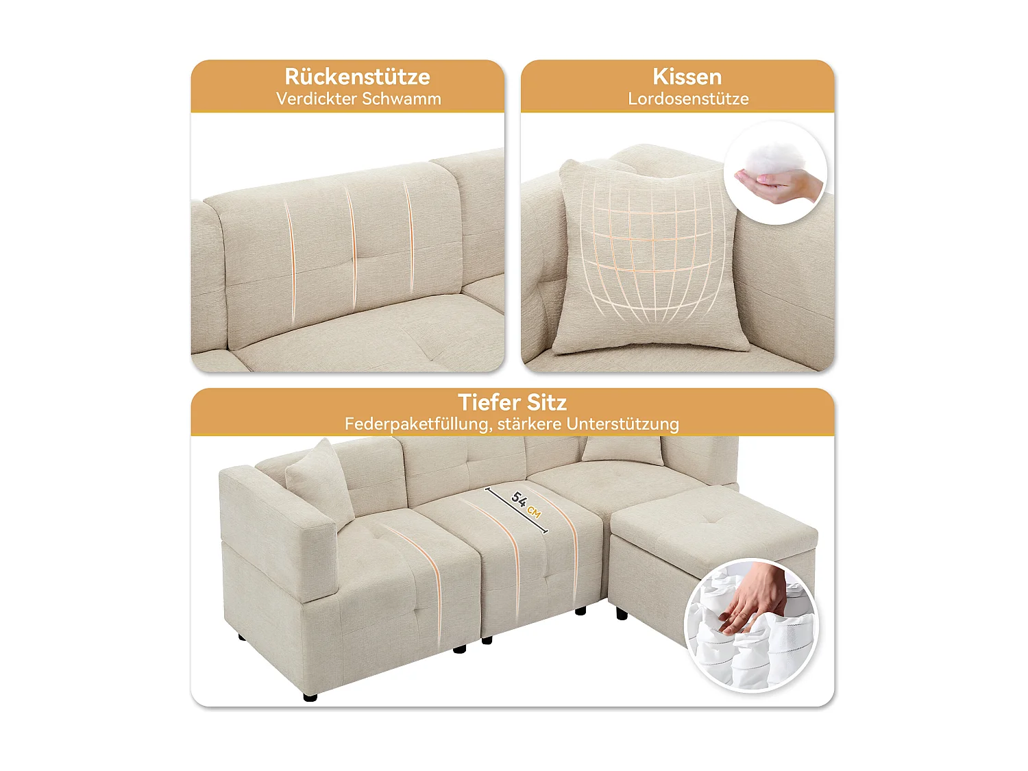 Canapé d'angle avec rangement, 3 places, tissu chenille, avec repose-pieds amovible et 2 coussins (204x126x69 cm)