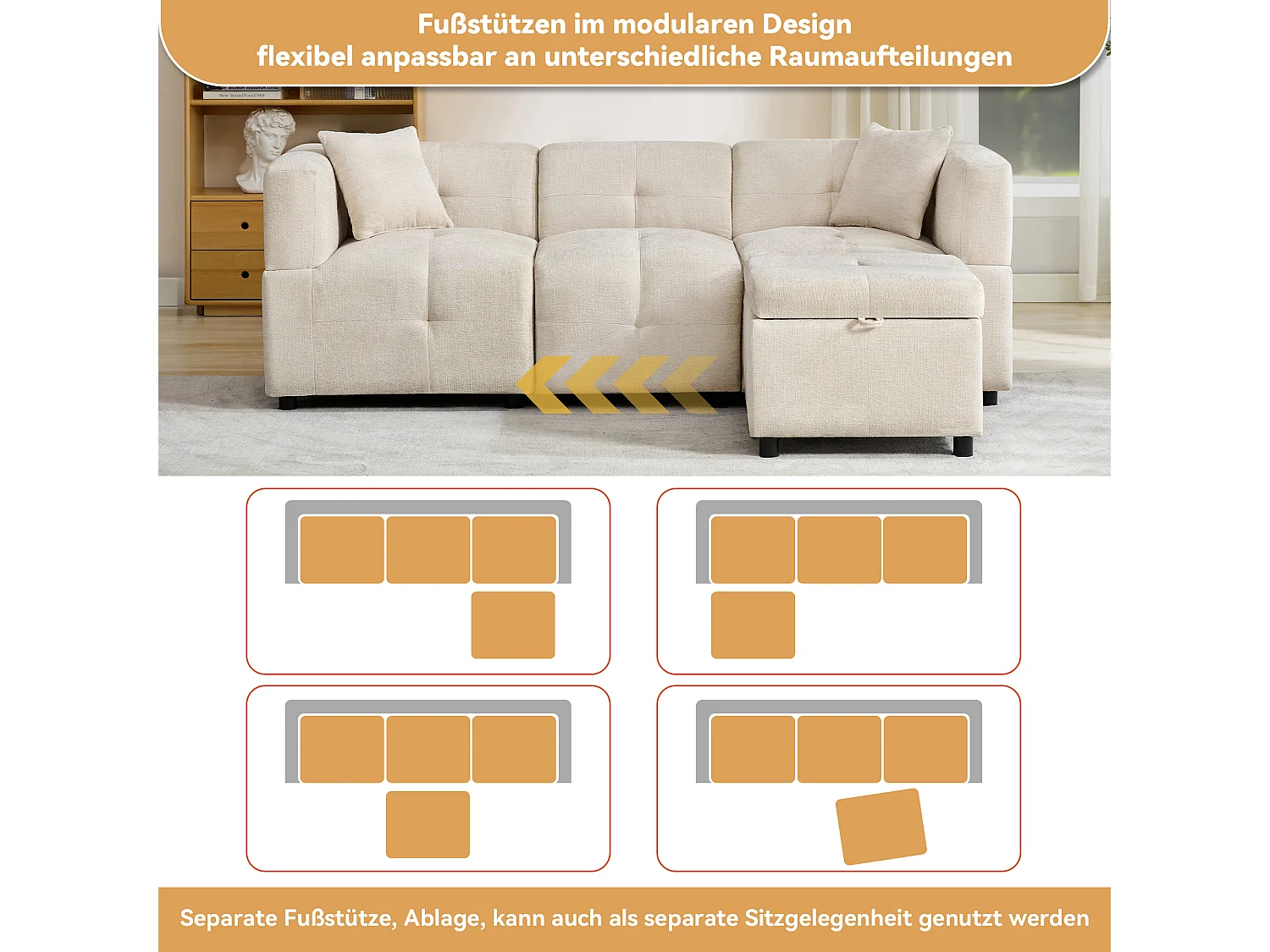 Canapé d'angle avec rangement, 3 places, tissu chenille, avec repose-pieds amovible et 2 coussins (204x126x69 cm)