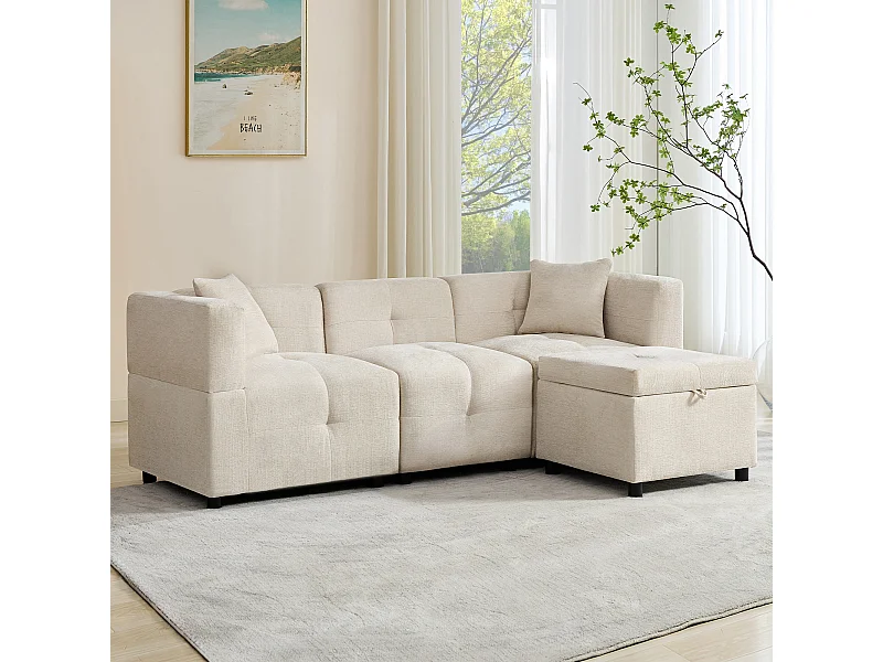 Canapé d'angle avec rangement, 3 places, tissu chenille, avec repose-pieds amovible et 2 coussins (204x126x69 cm)