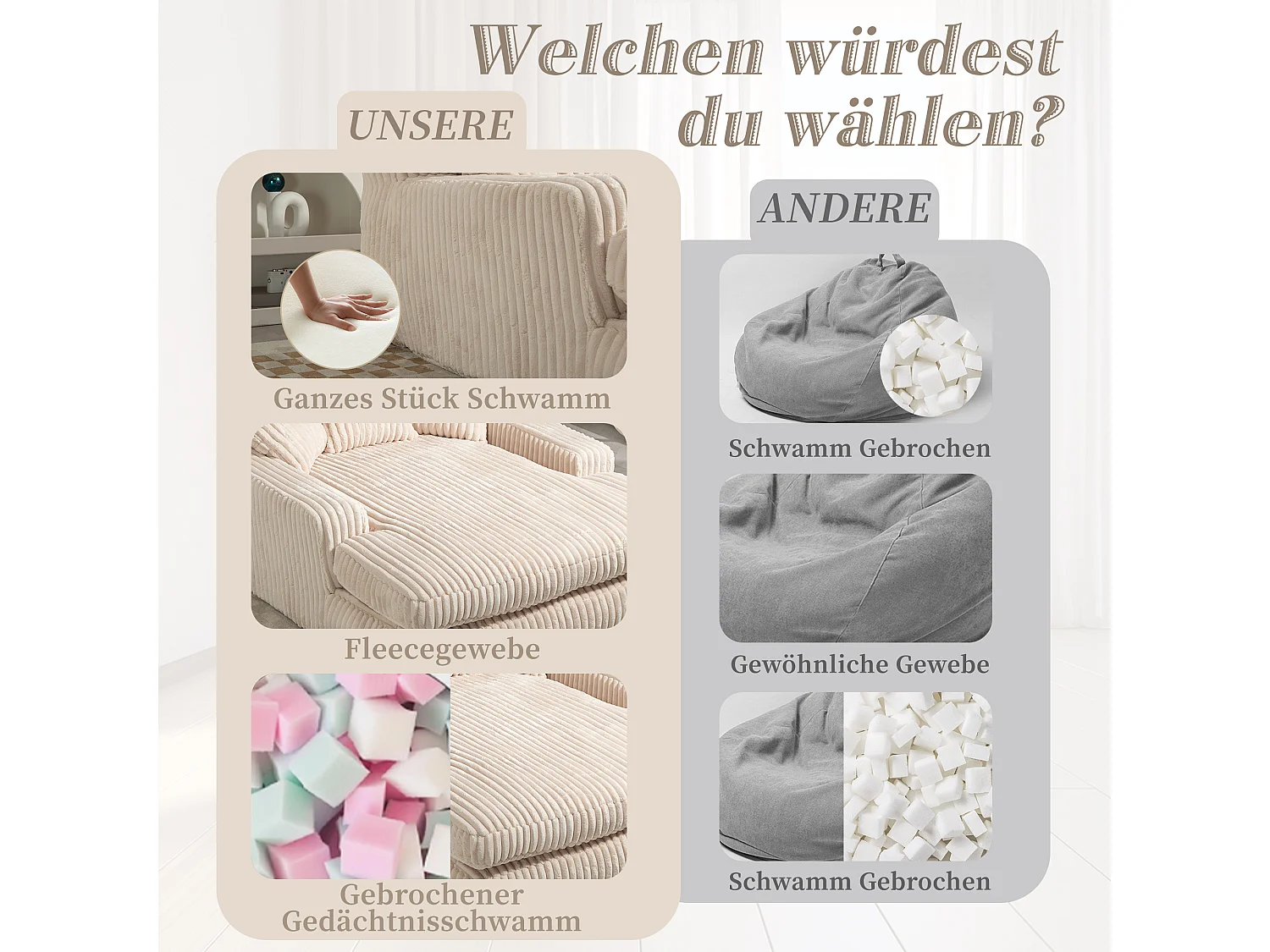 Canapé-lit moderne en velours côtelé, canapé nuage avec 3 coussins, fauteuil confortable pour salon, chambre et bureau (Beige) (125x155x63 cm)