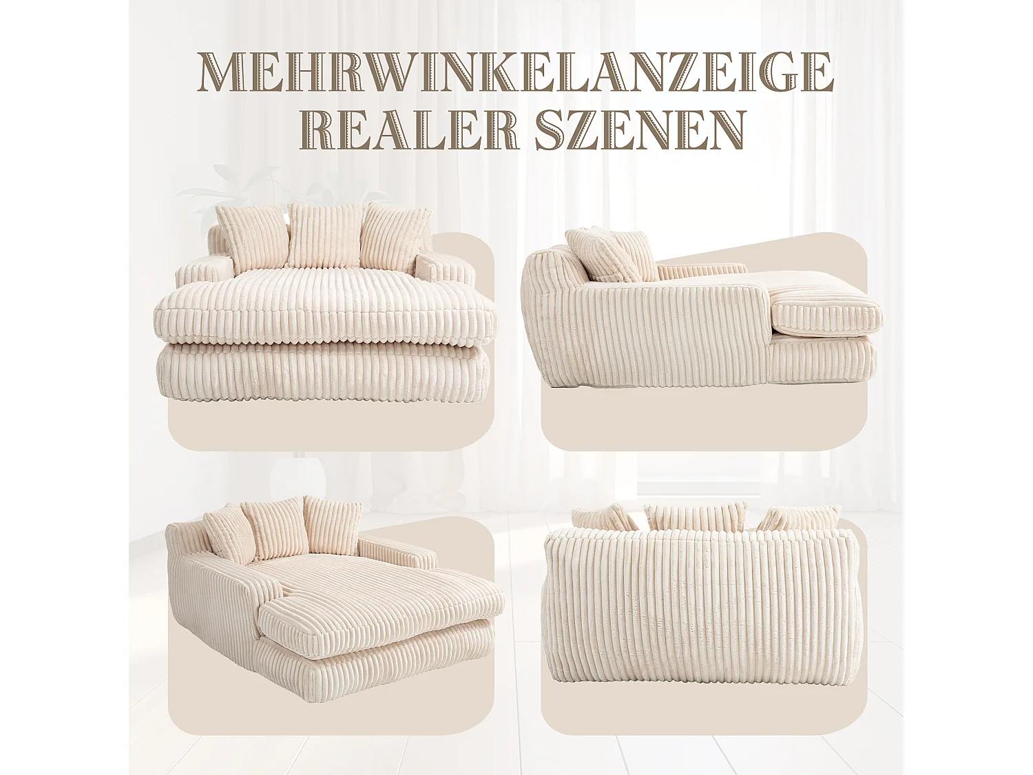 Canapé-lit moderne en velours côtelé, canapé nuage avec 3 coussins, fauteuil confortable pour salon, chambre et bureau (Beige) (125x155x63 cm)