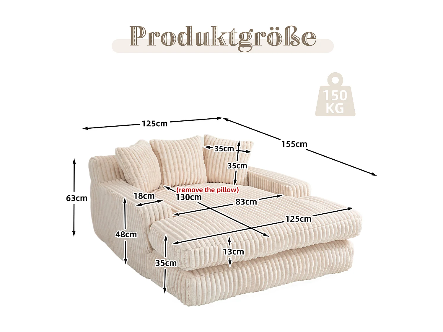 Canapé-lit moderne en velours côtelé, canapé nuage avec 3 coussins, fauteuil confortable pour salon, chambre et bureau (Beige) (125x155x63 cm)