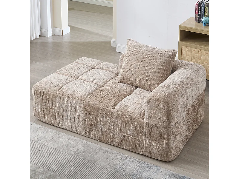 Canapé Chaiselongue 1 Place, Design Moderne, Tissu Chenille, Coussin, Poches Latérales, Khaki