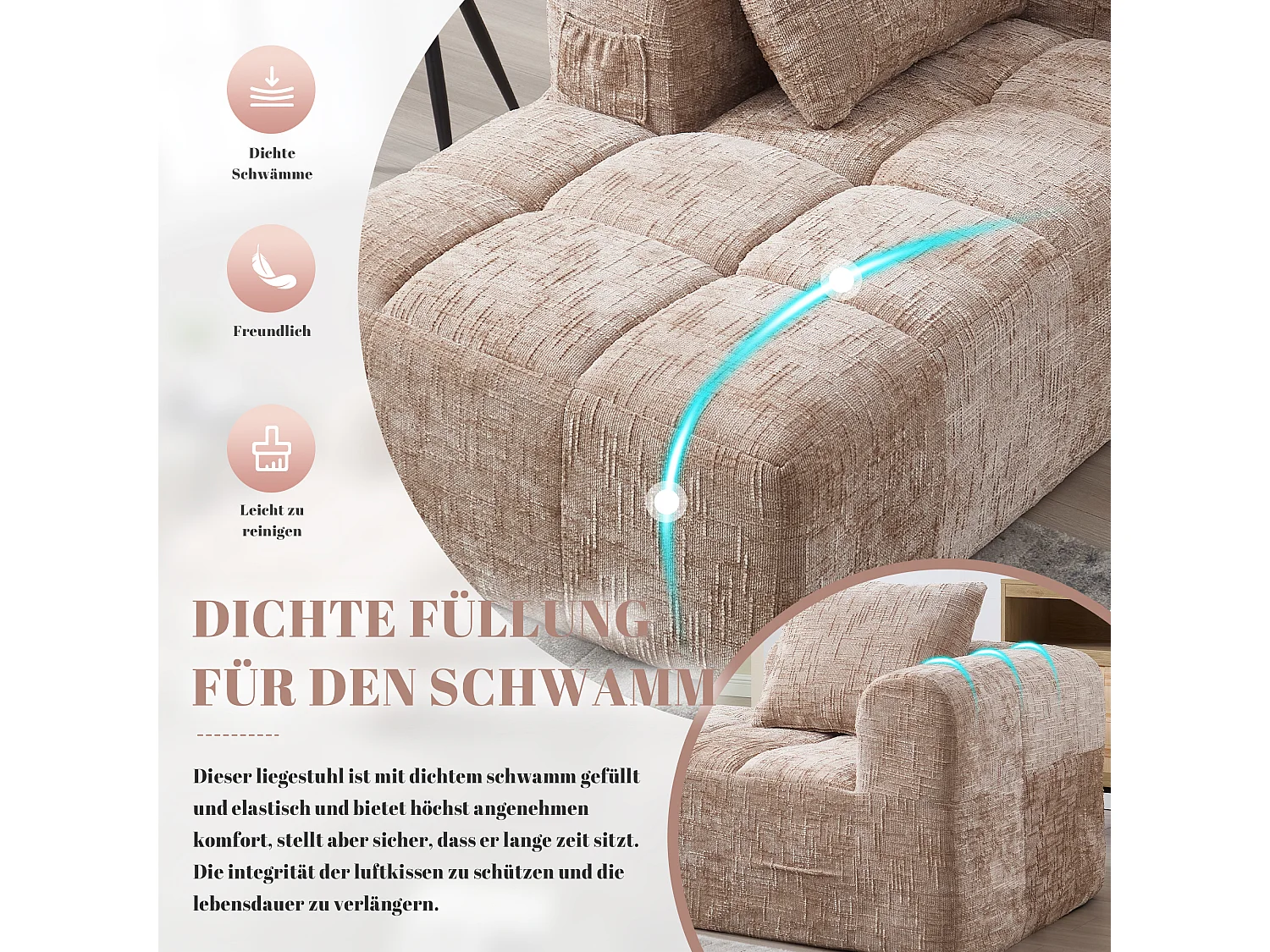 Canapé Chaiselongue 1 Place, Design Moderne, Tissu Chenille, Coussin, Poches Latérales, Khaki