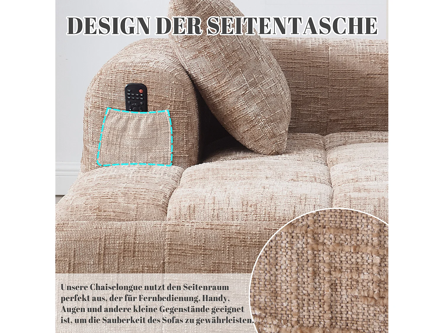 Canapé Chaiselongue 1 Place, Design Moderne, Tissu Chenille, Coussin, Poches Latérales, Khaki