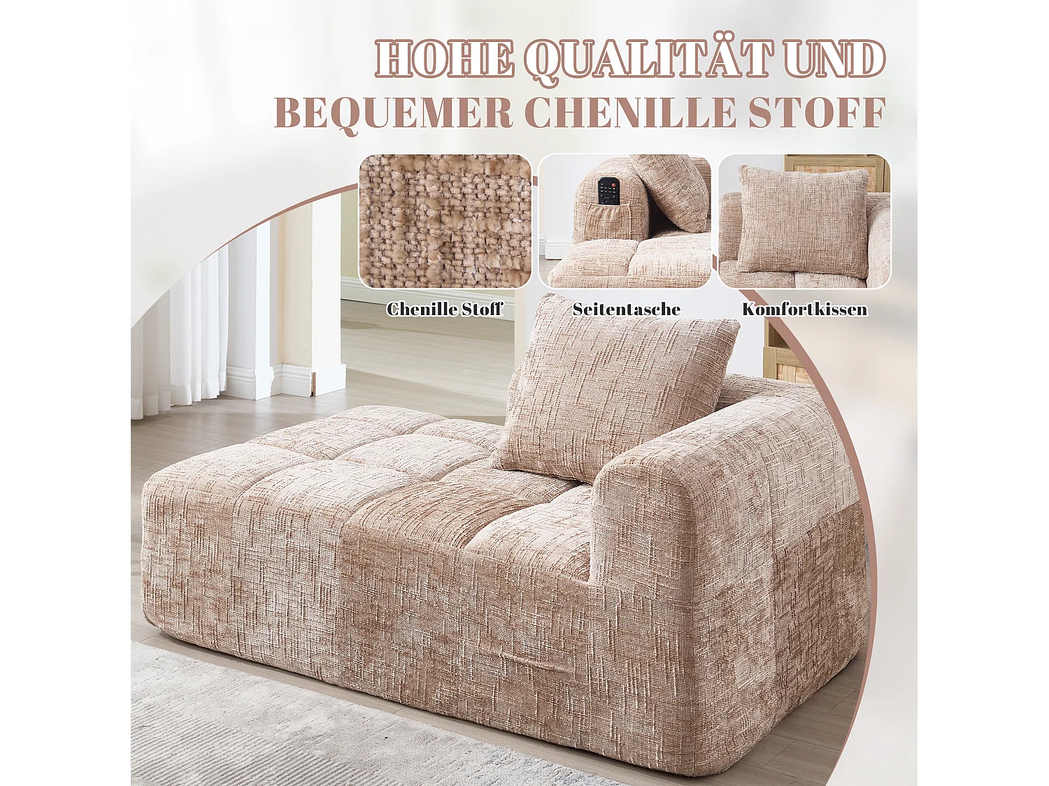 Canapé Chaiselongue 1 Place, Design Moderne, Tissu Chenille, Coussin, Poches Latérales, Khaki