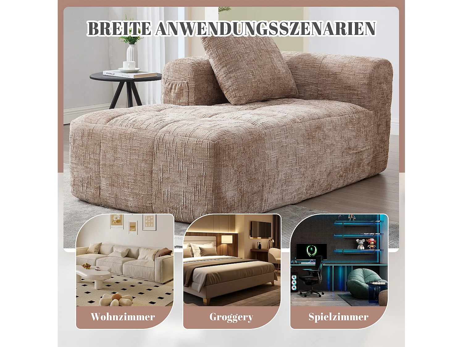 Canapé Chaiselongue 1 Place, Design Moderne, Tissu Chenille, Coussin, Poches Latérales, Khaki