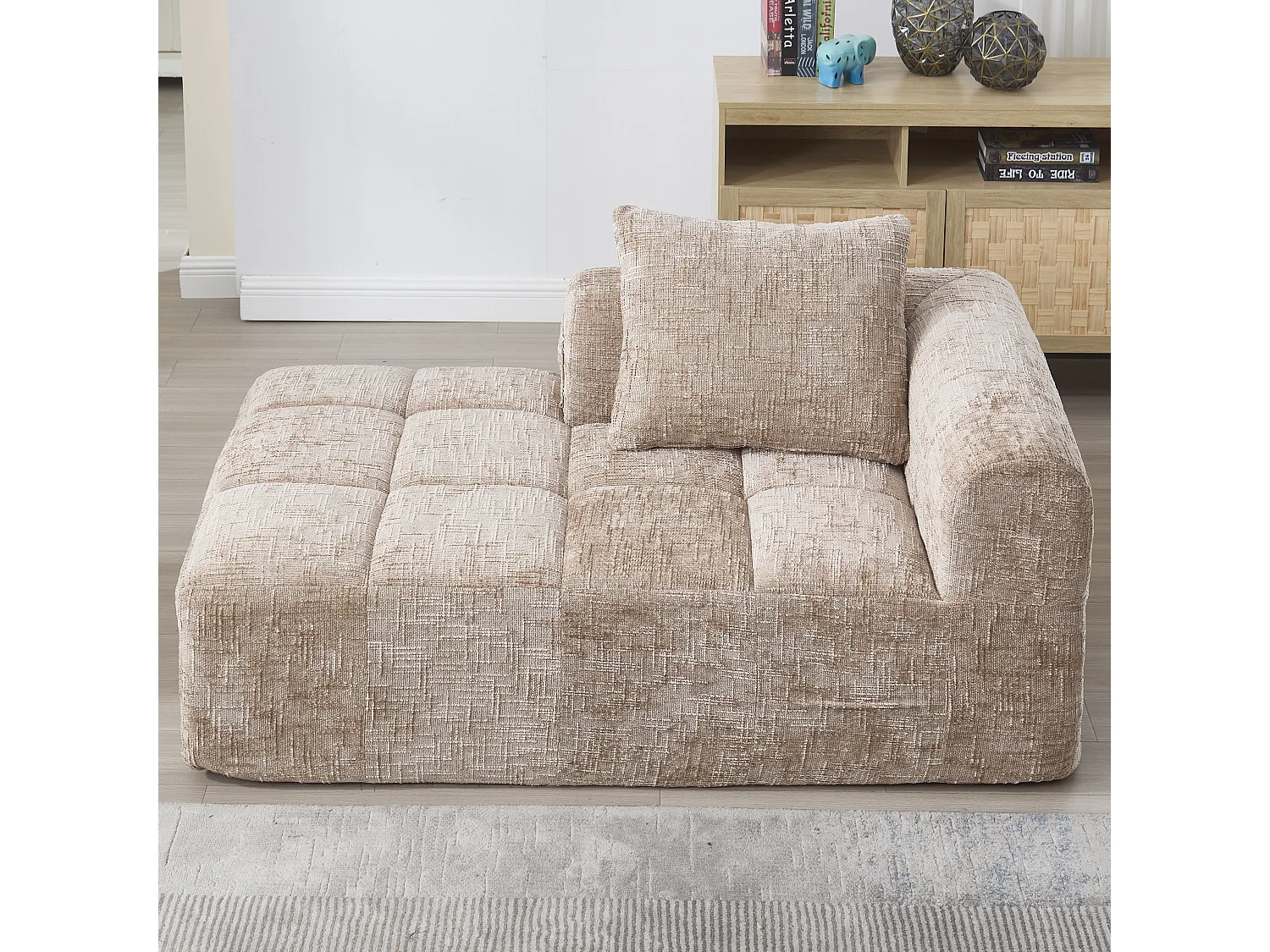 Canapé Chaiselongue 1 Place, Design Moderne, Tissu Chenille, Coussin, Poches Latérales, Khaki