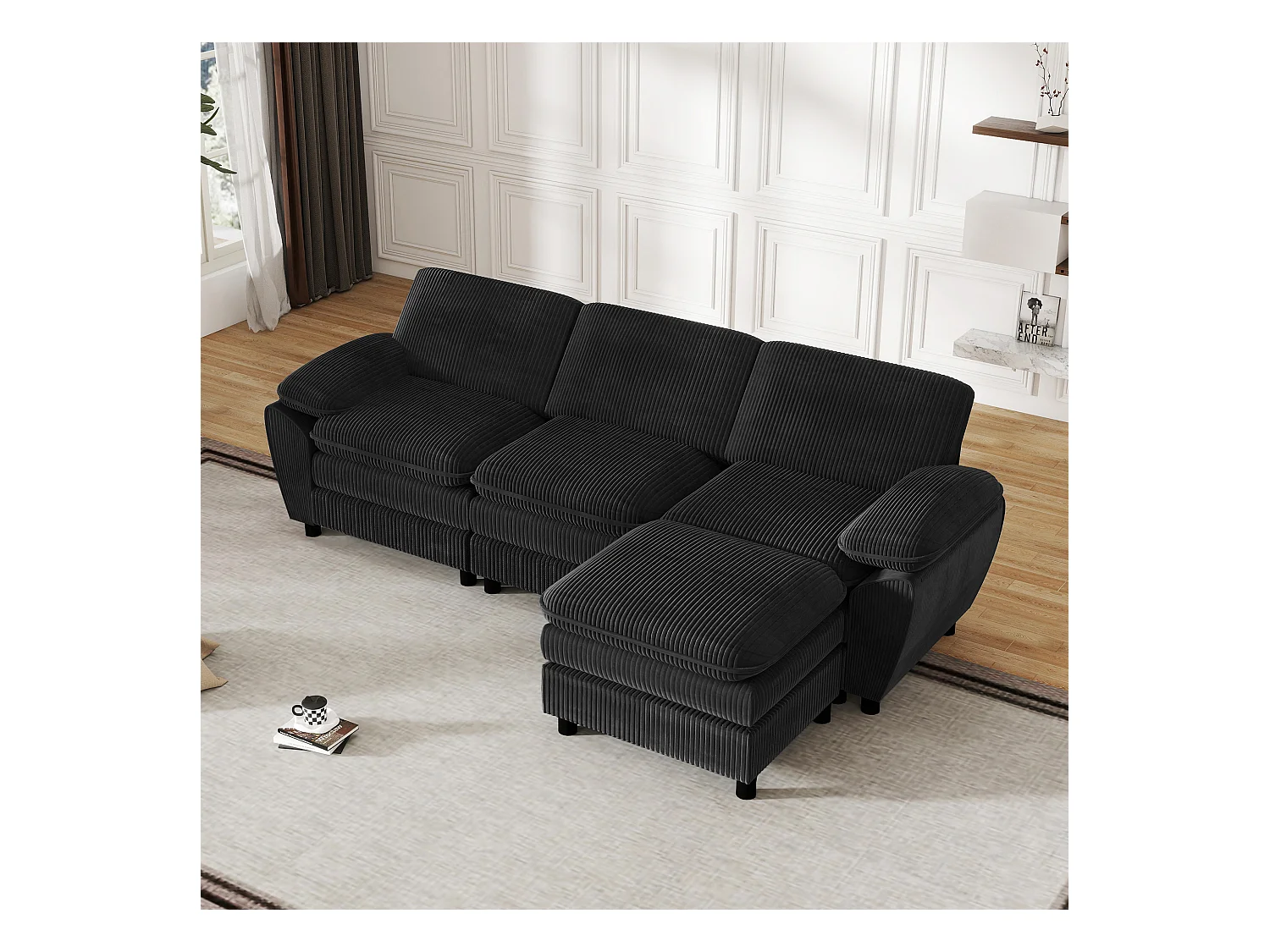 Sofá modular moderno con 2 cojines y puf desenfundable, tejido terciopelo, color negro, (258x86,1x87,8 cm)