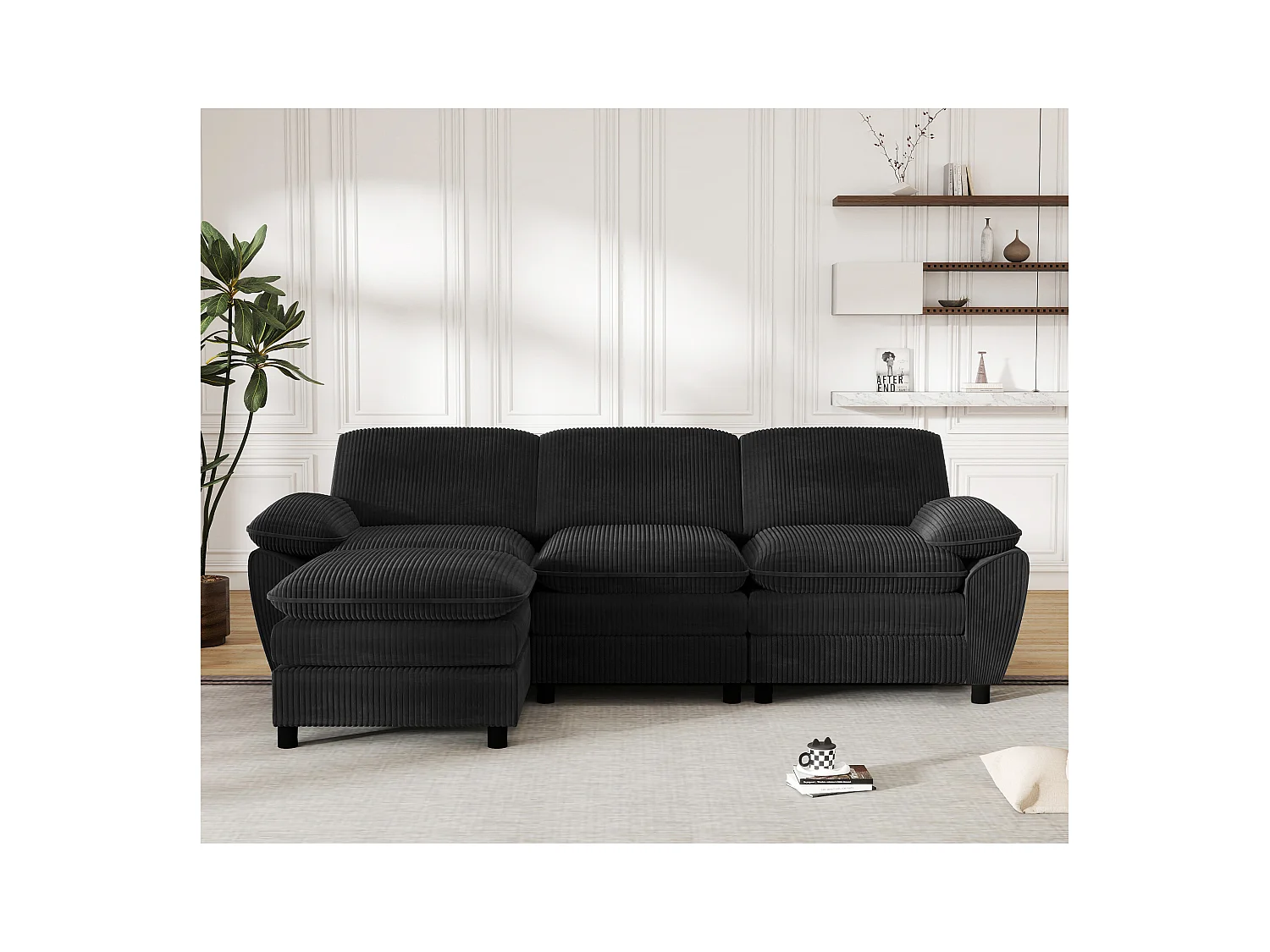 Sofá modular moderno con 2 cojines y puf desenfundable, tejido terciopelo, color negro, (258x86,1x87,8 cm)