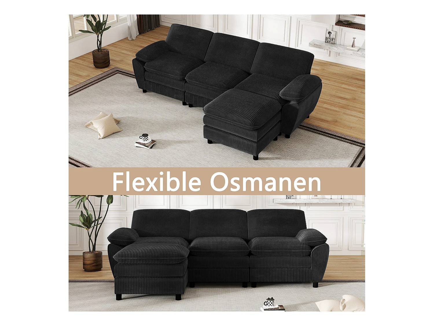 Sofá modular moderno con 2 cojines y puf desenfundable, tejido terciopelo, color negro, (258x86,1x87,8 cm)