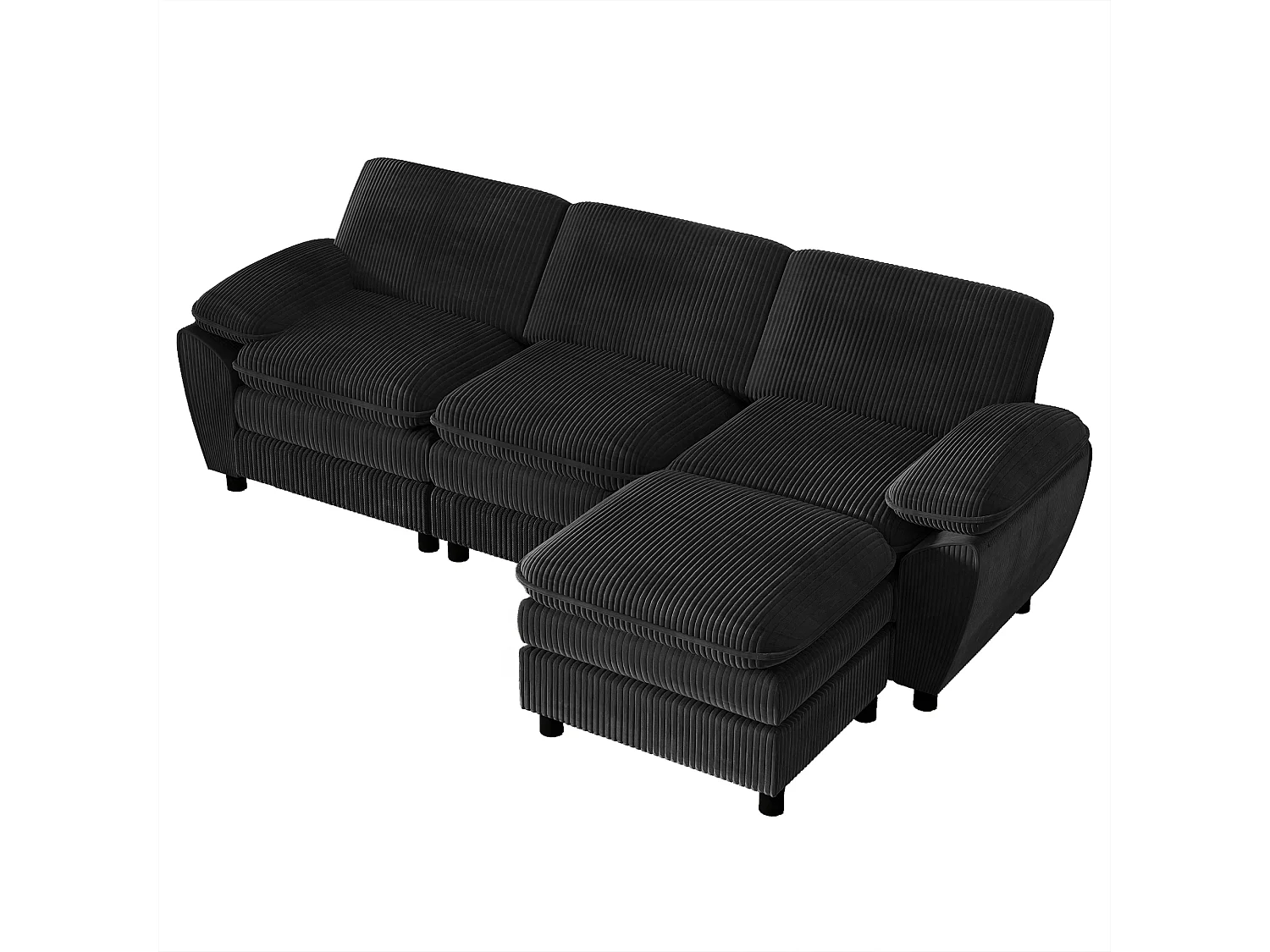Sofá modular moderno con 2 cojines y puf desenfundable, tejido terciopelo, color negro, (258x86,1x87,8 cm)