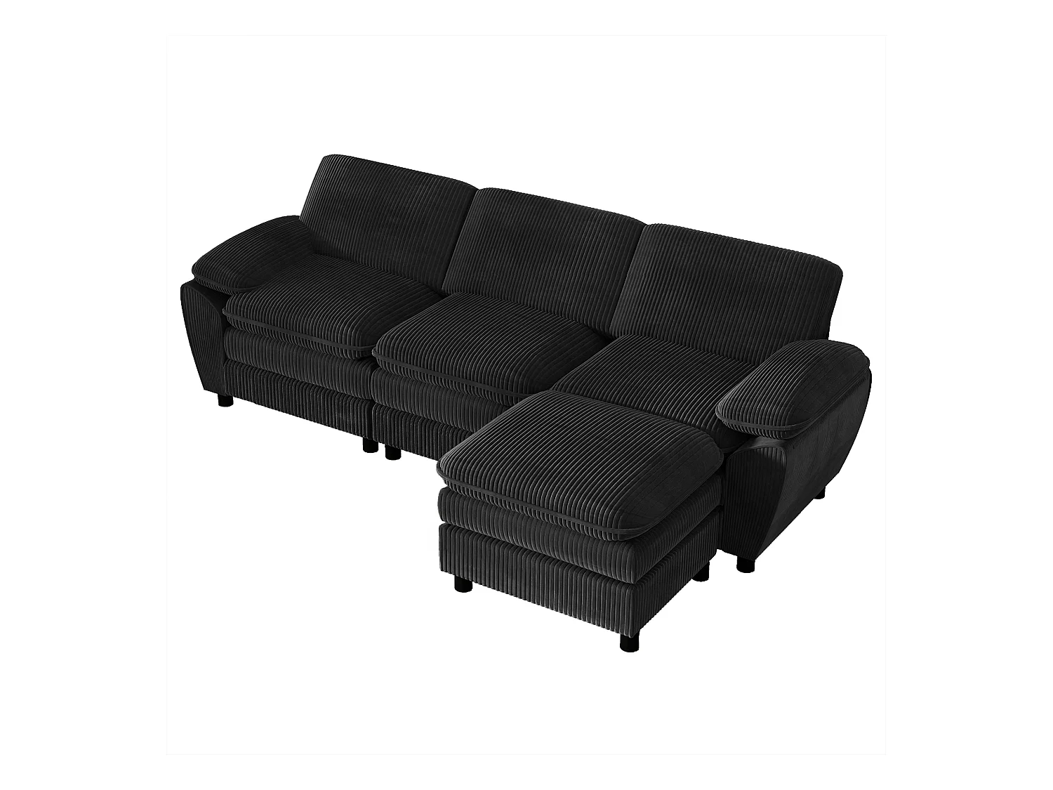 Canapé modulable moderne avec 2 coussins et Pouf amovible, tissu en velours, coloris noir, (258x86.1x87.8 cm)