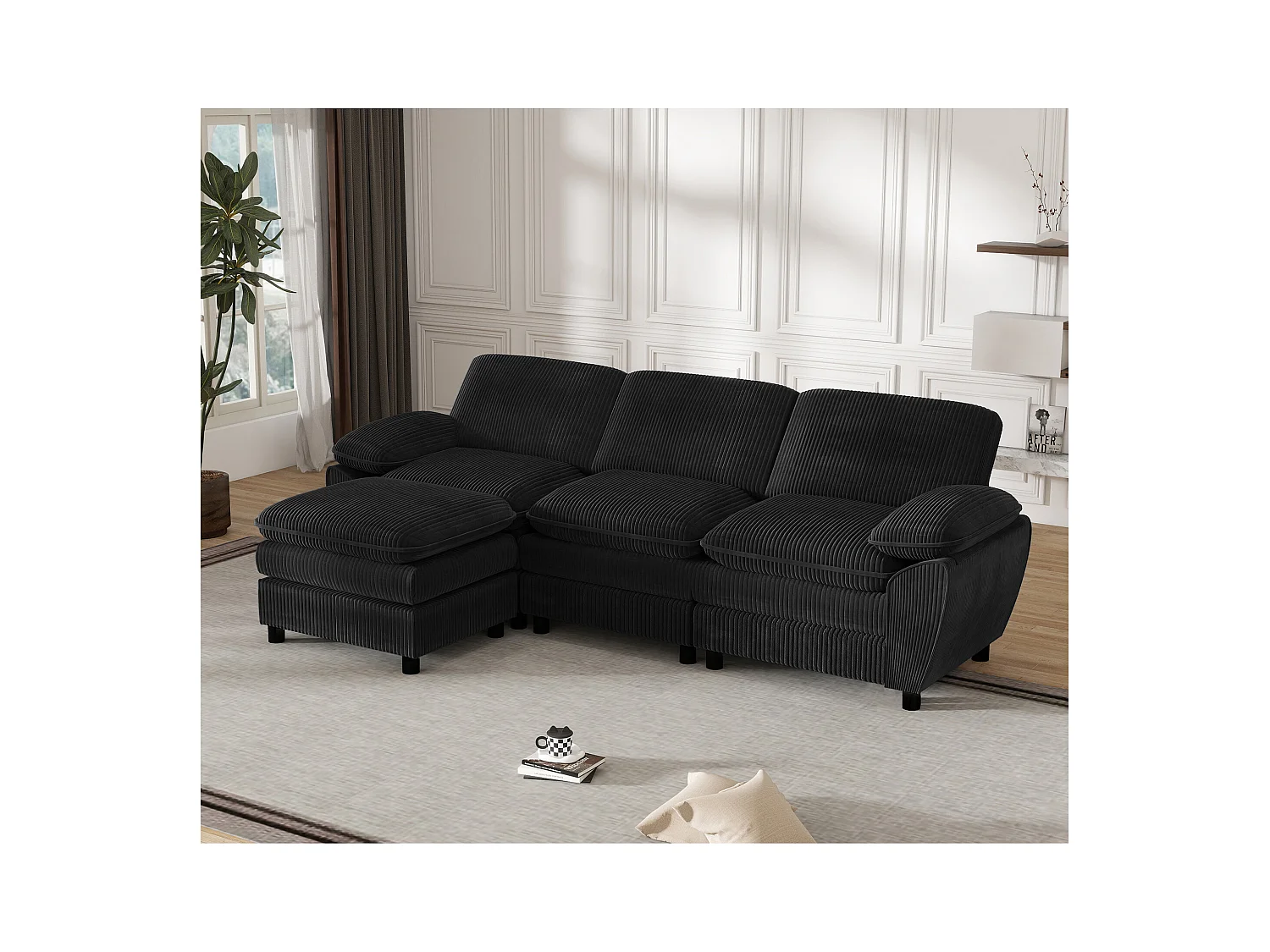 Canapé modulable moderne avec 2 coussins et Pouf amovible, tissu en velours, coloris noir, (258x86.1x87.8 cm)