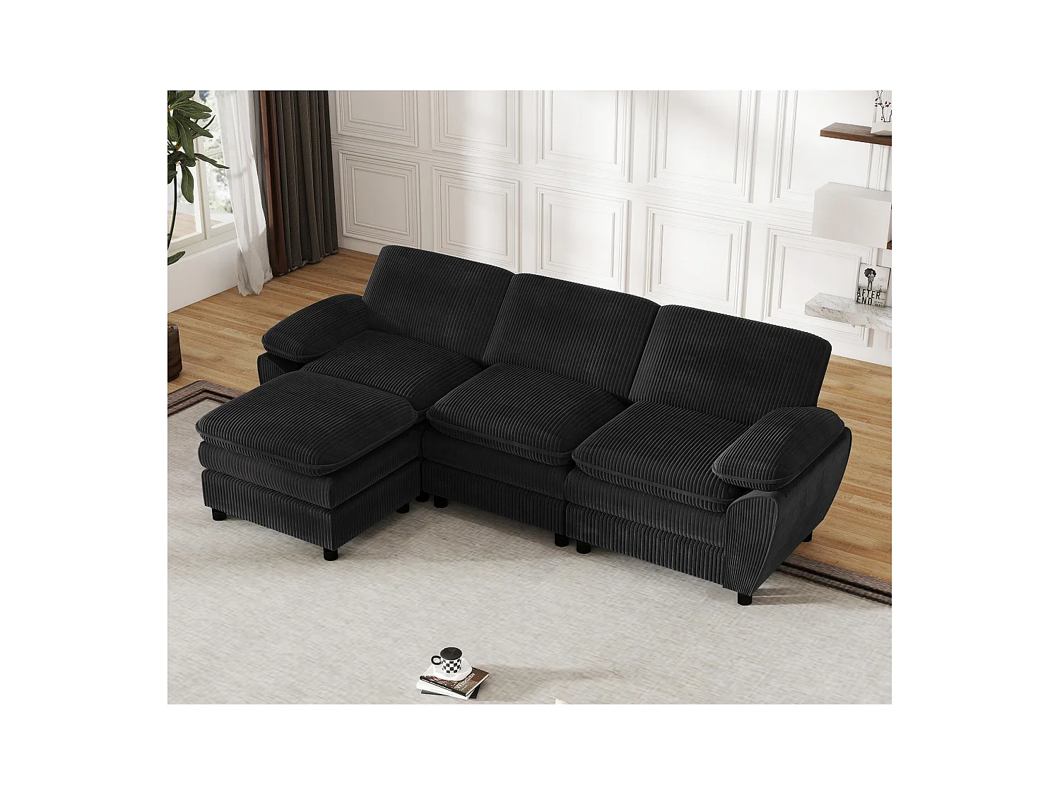 Canapé modulable moderne avec 2 coussins et Pouf amovible, tissu en velours, coloris noir, (258x86.1x87.8 cm)