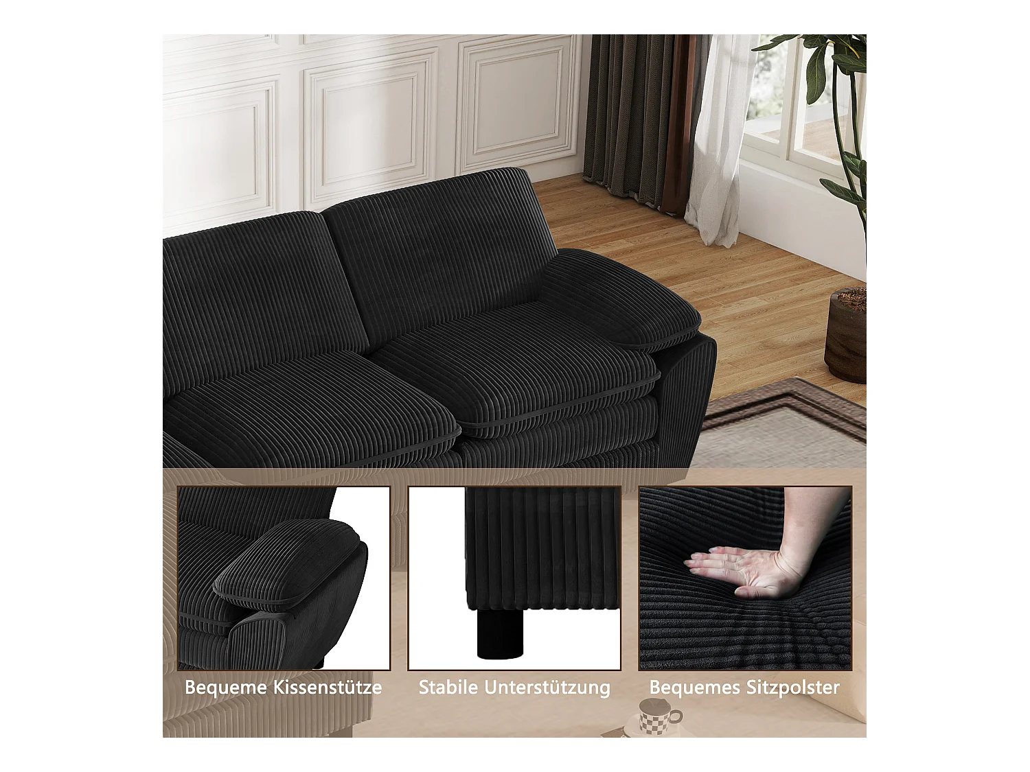 Canapé modulable moderne avec 2 coussins et Pouf amovible, tissu en velours, coloris noir, (258x86.1x87.8 cm)