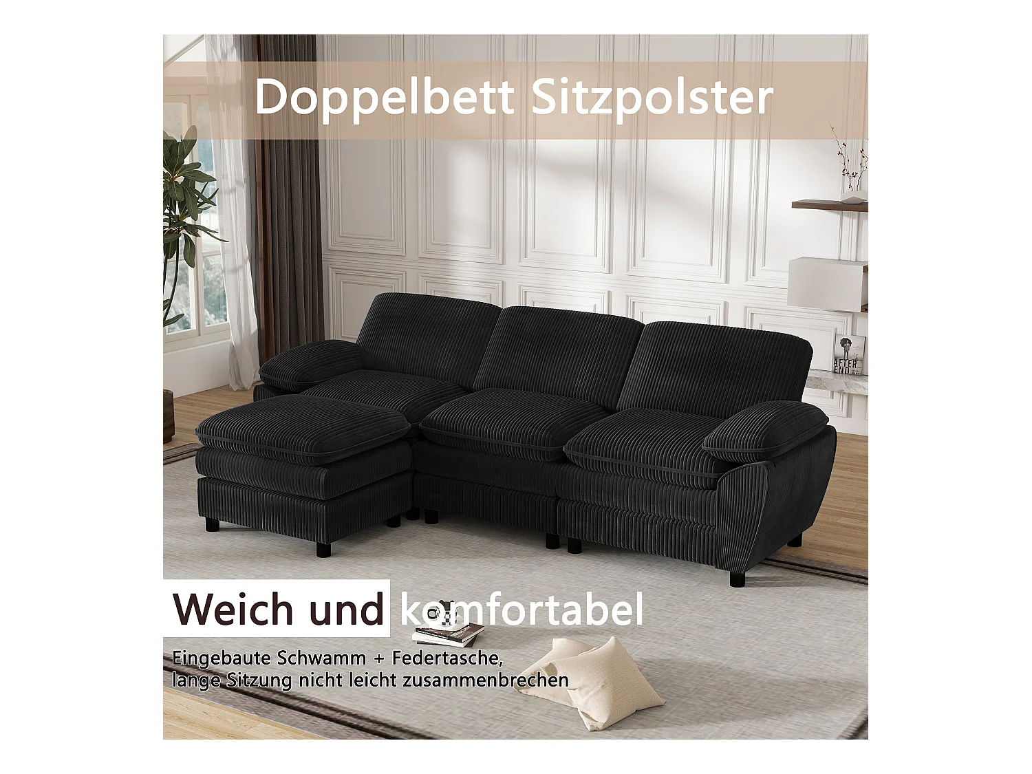 Canapé modulable moderne avec 2 coussins et Pouf amovible, tissu en velours, coloris noir, (258x86.1x87.8 cm)