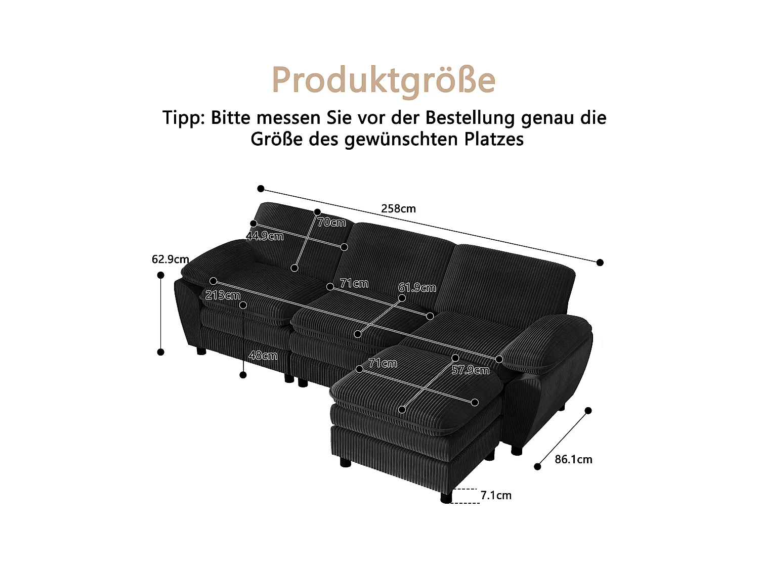 Canapé modulable moderne avec 2 coussins et Pouf amovible, tissu en velours, coloris noir, (258x86.1x87.8 cm)