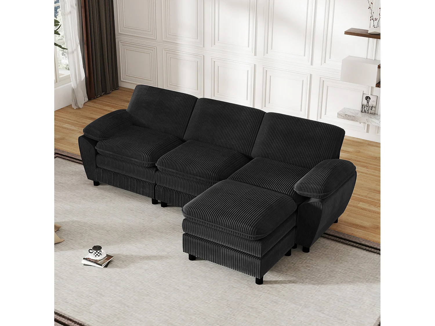 Divano moderno componibile con 2 cuscini e pouf sfoderabile, tessuto velluto, colore nero, (258x86,1x87,8 cm)