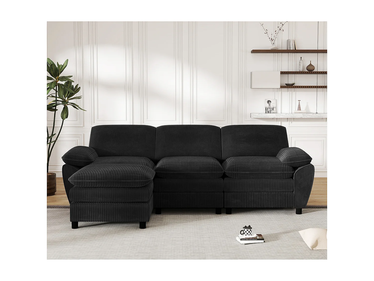 Divano moderno componibile con 2 cuscini e pouf sfoderabile, tessuto velluto, colore nero, (258x86,1x87,8 cm)